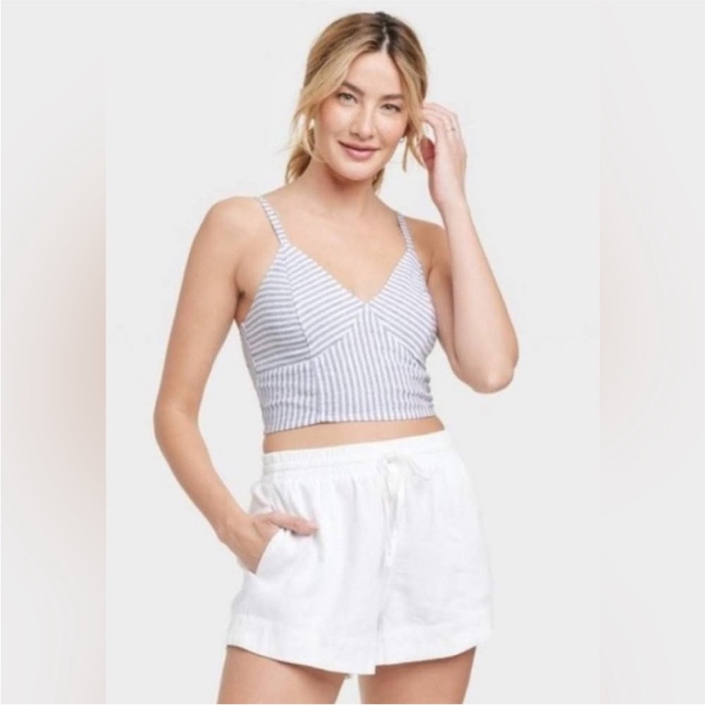 NWT Universal Thread Linen Cropped Tank in Blue & White Adjustable Strap Bustier